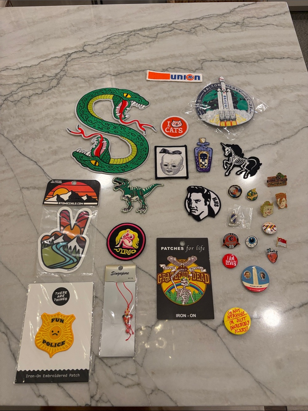 28 piece Assorted Iron-On Patches and Enamel Pins - Multi-Color Patch Collection